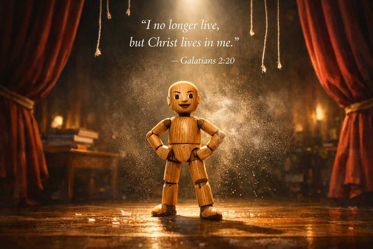 Puppet with strings cut standing on its own, no longer controlled by old master, theatrical stage spotlight, cut strings dangling from above, text I no longer live but Christ lives in me Galatians 2:20 -- HD wallpaper